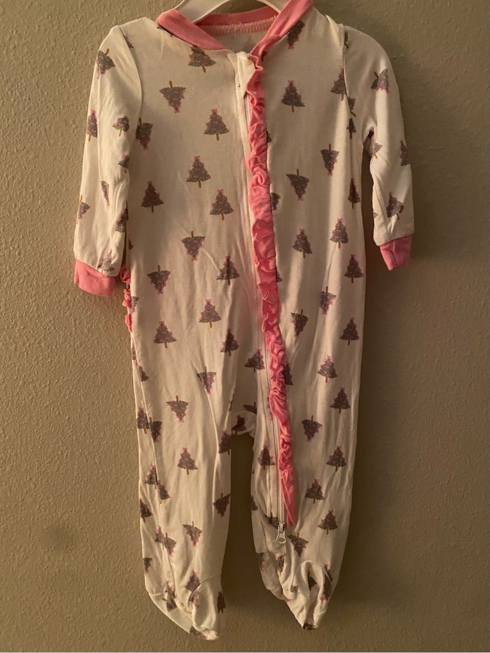 Pink-Trim White Footed One-Piece with Tree Print